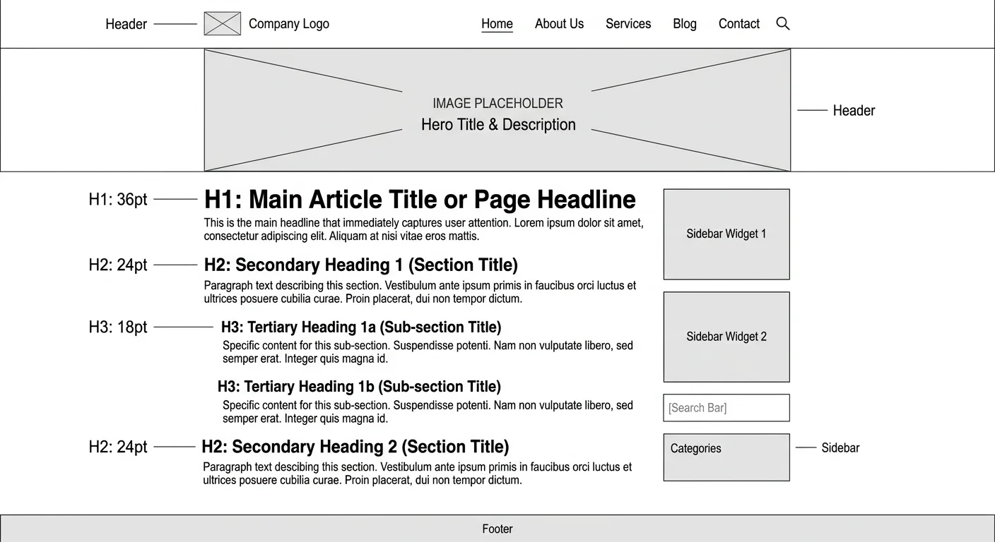 Wireframe illustrating proper H1 tag placement and heading hierarchy on a webpage