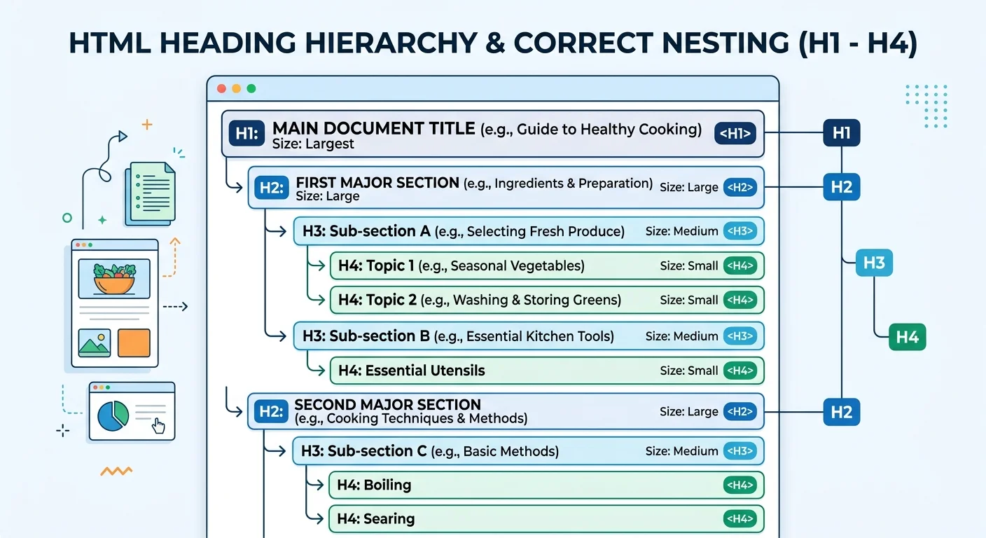 Diagram of correct HTML heading hierarchy from H1 to H4