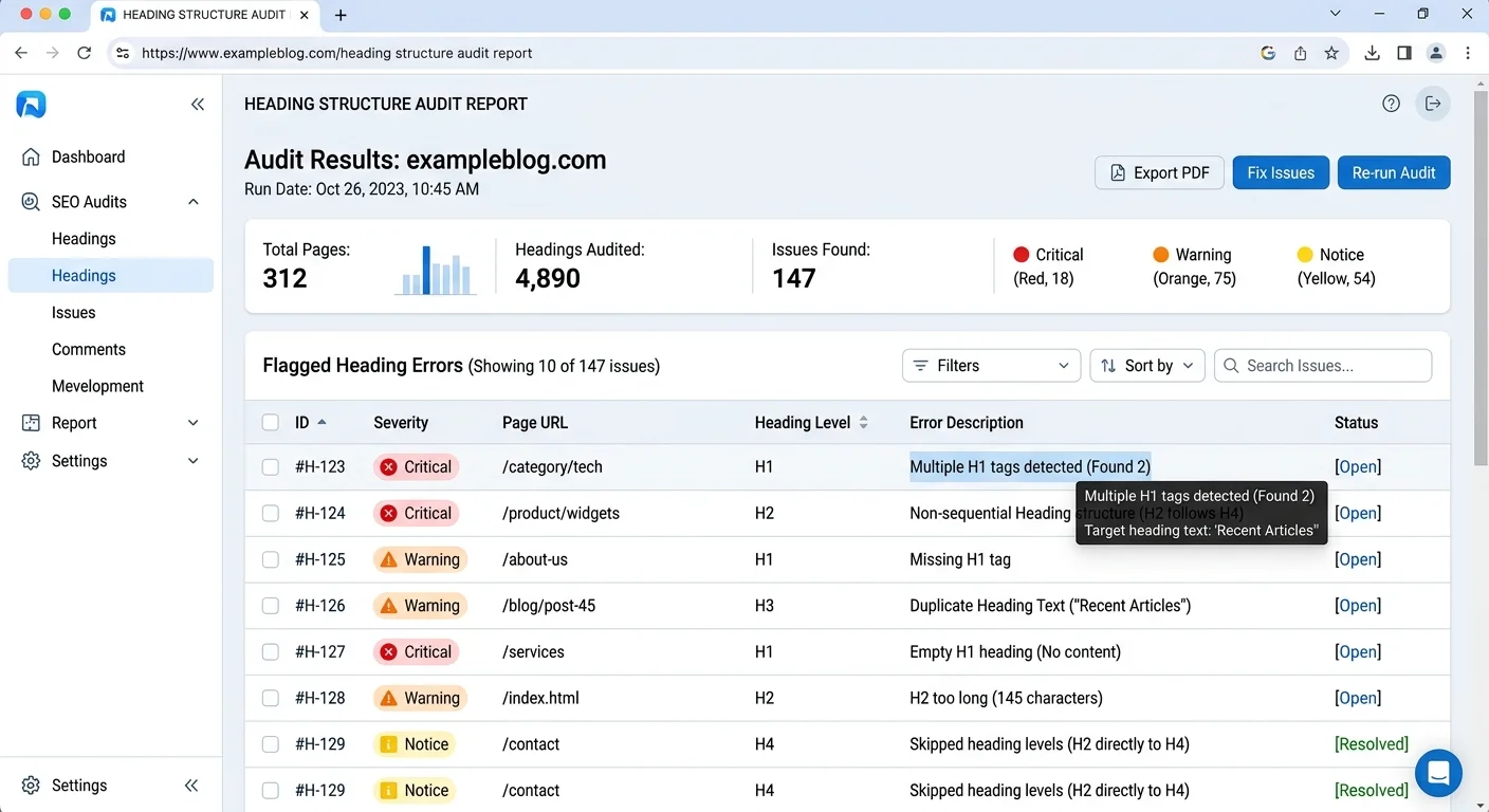 Heading audit report screenshot showing hierarchy errors and warnings
