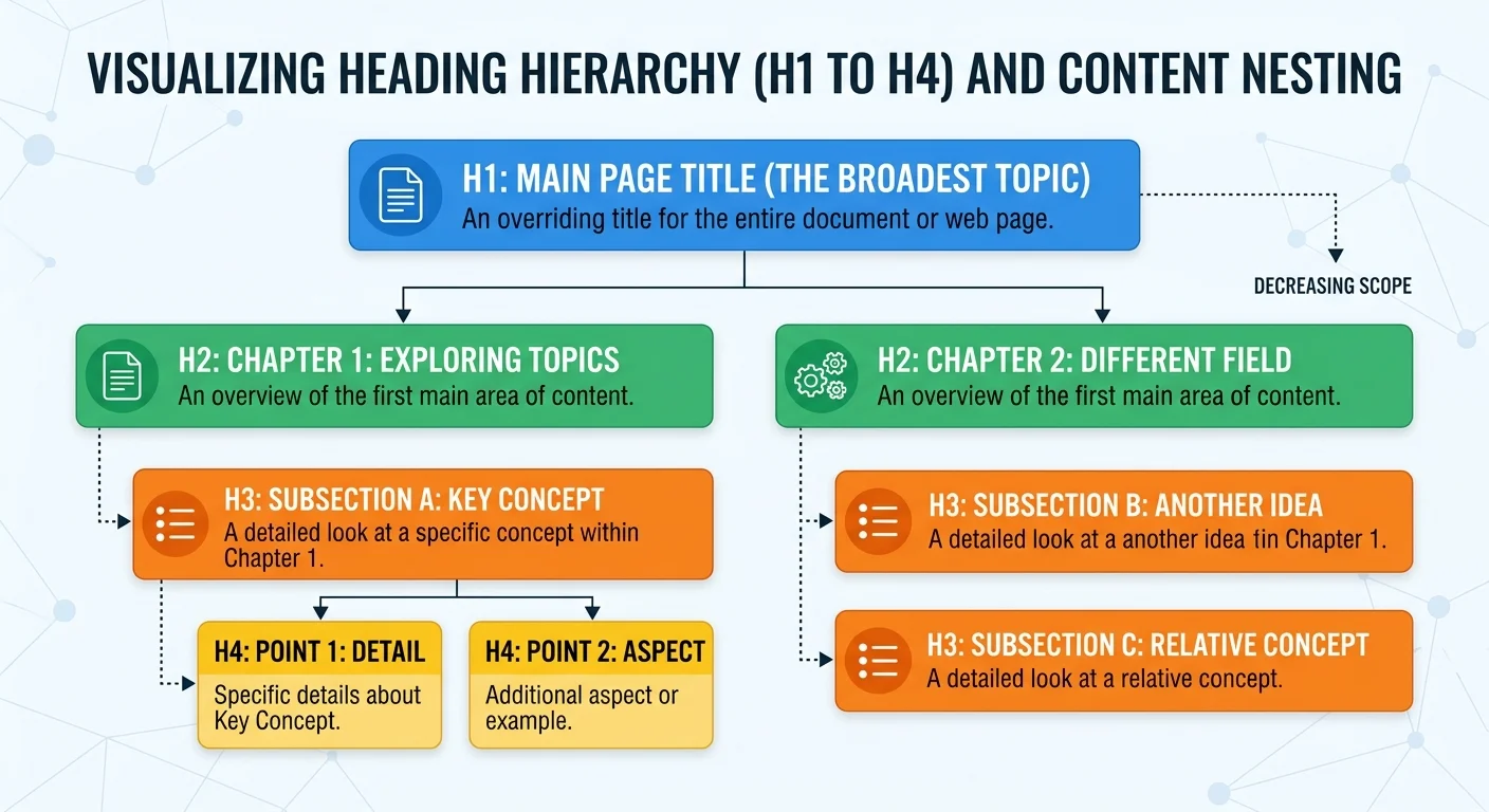 Diagram of heading hierarchy H1 H2 H3 H4 showing nested content structure for SEO