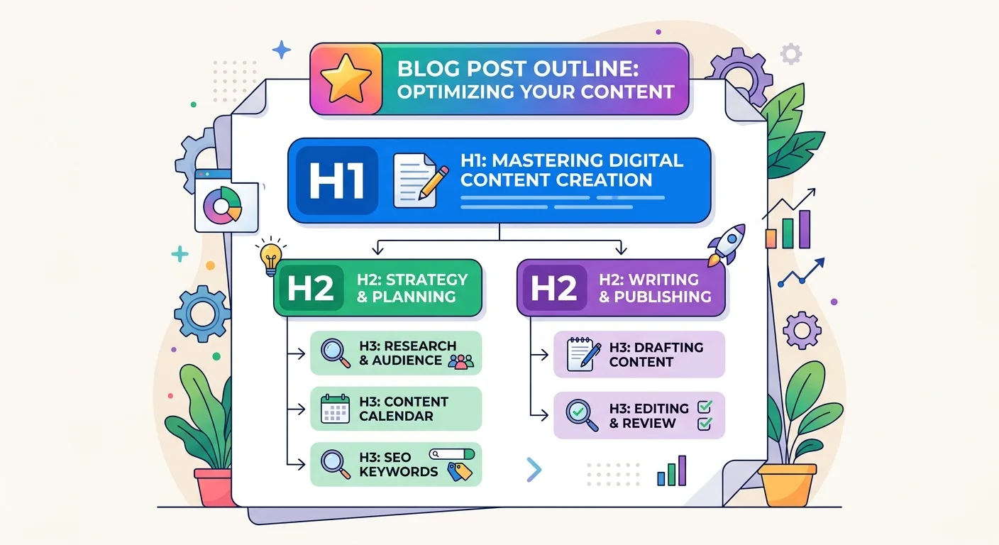 Diagram of a blog post heading hierarchy with H1 H2 and H3 tags